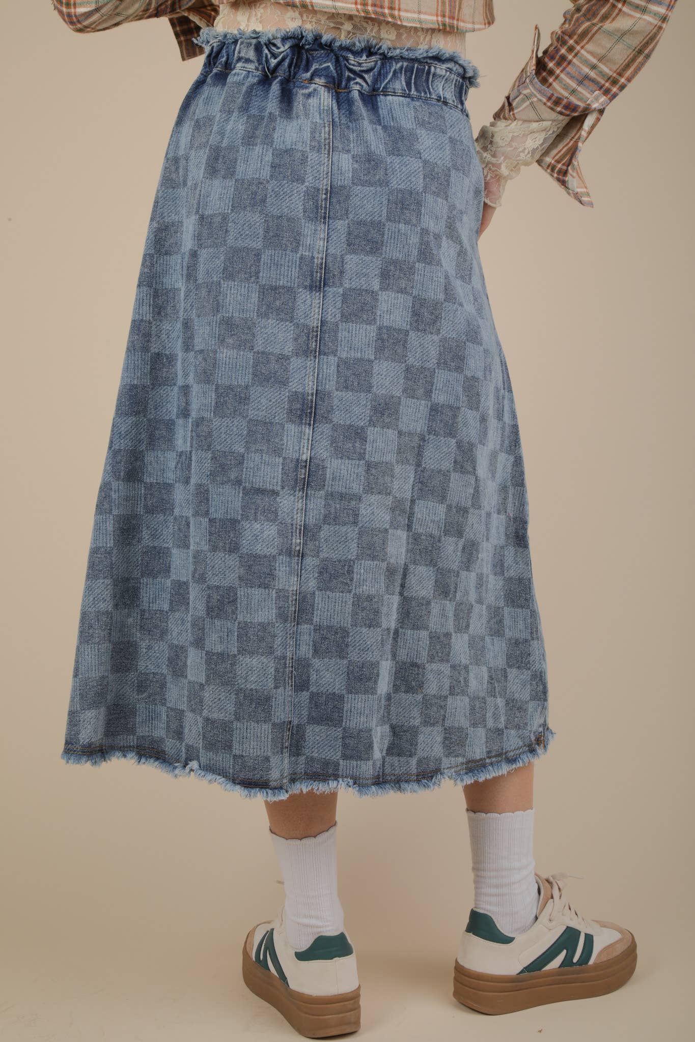 Washed Checkered Denim Midi Skirt