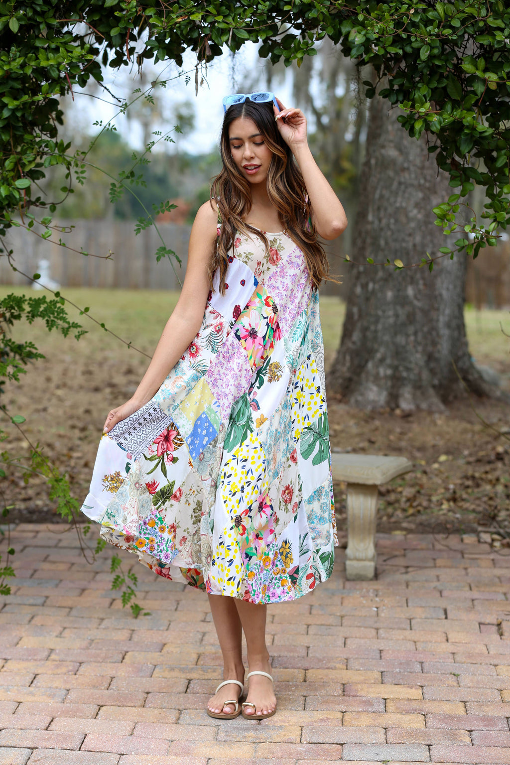 White Floral Umbrella Dress in Upcycled Patchwork