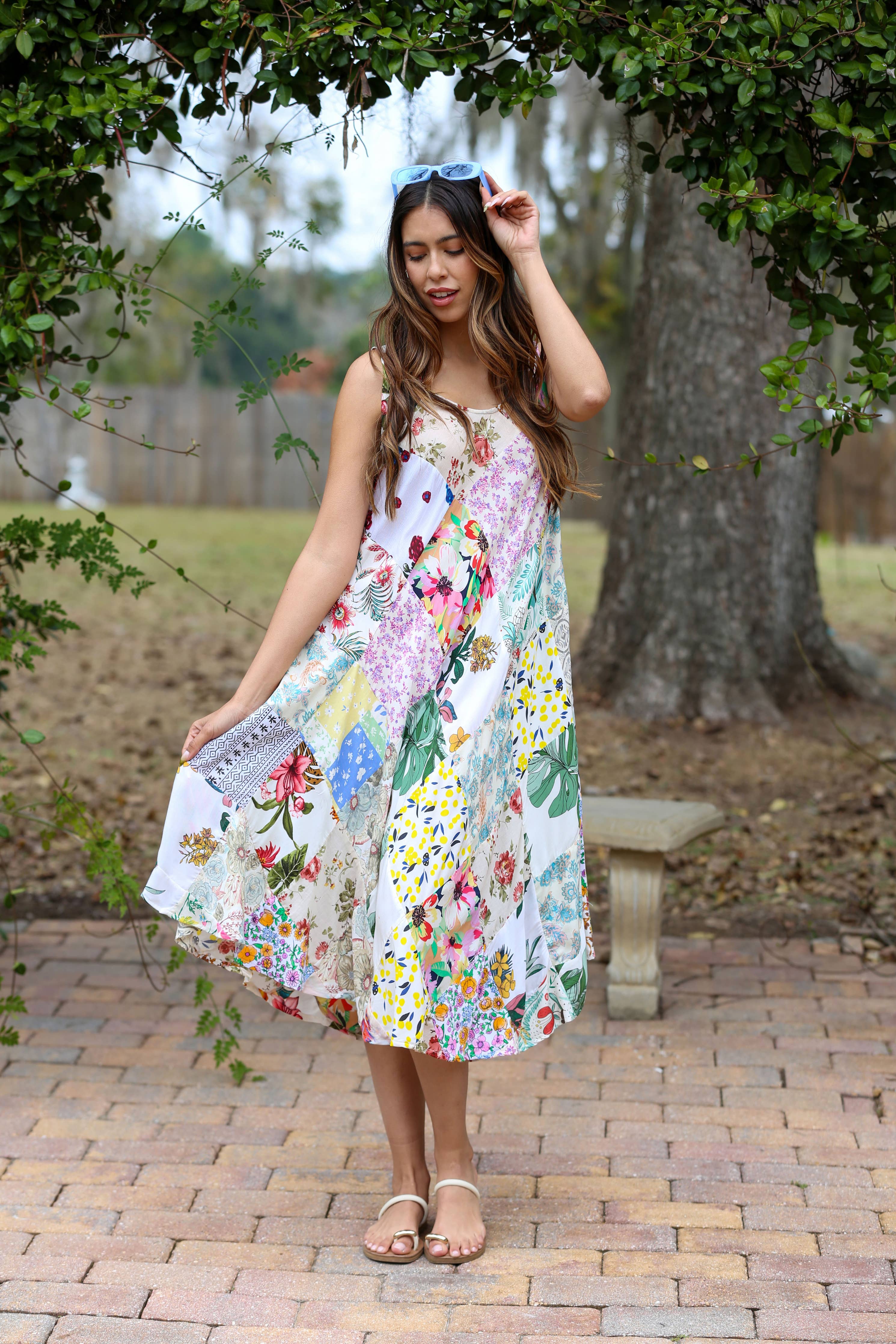 White Floral Umbrella Dress in Upcycled Patchwork