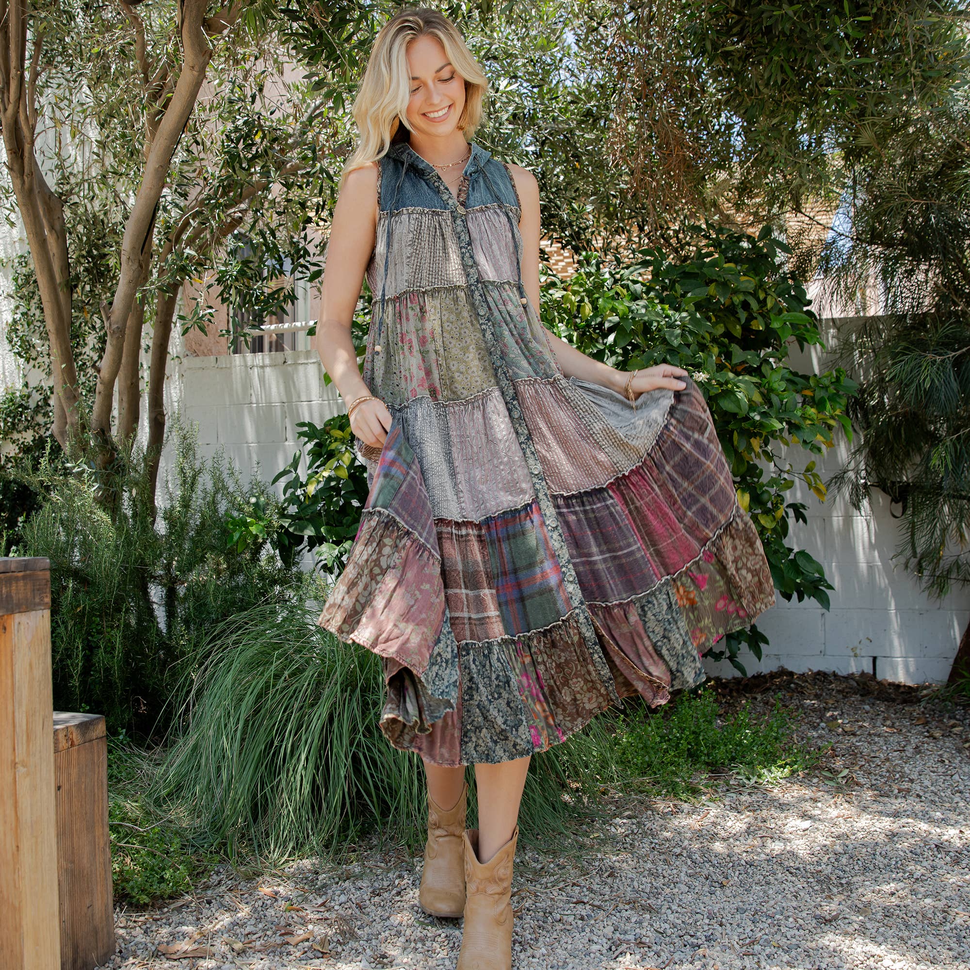 Boho Patchwork Sleeveless Maxi Duster With Hoodie NEW