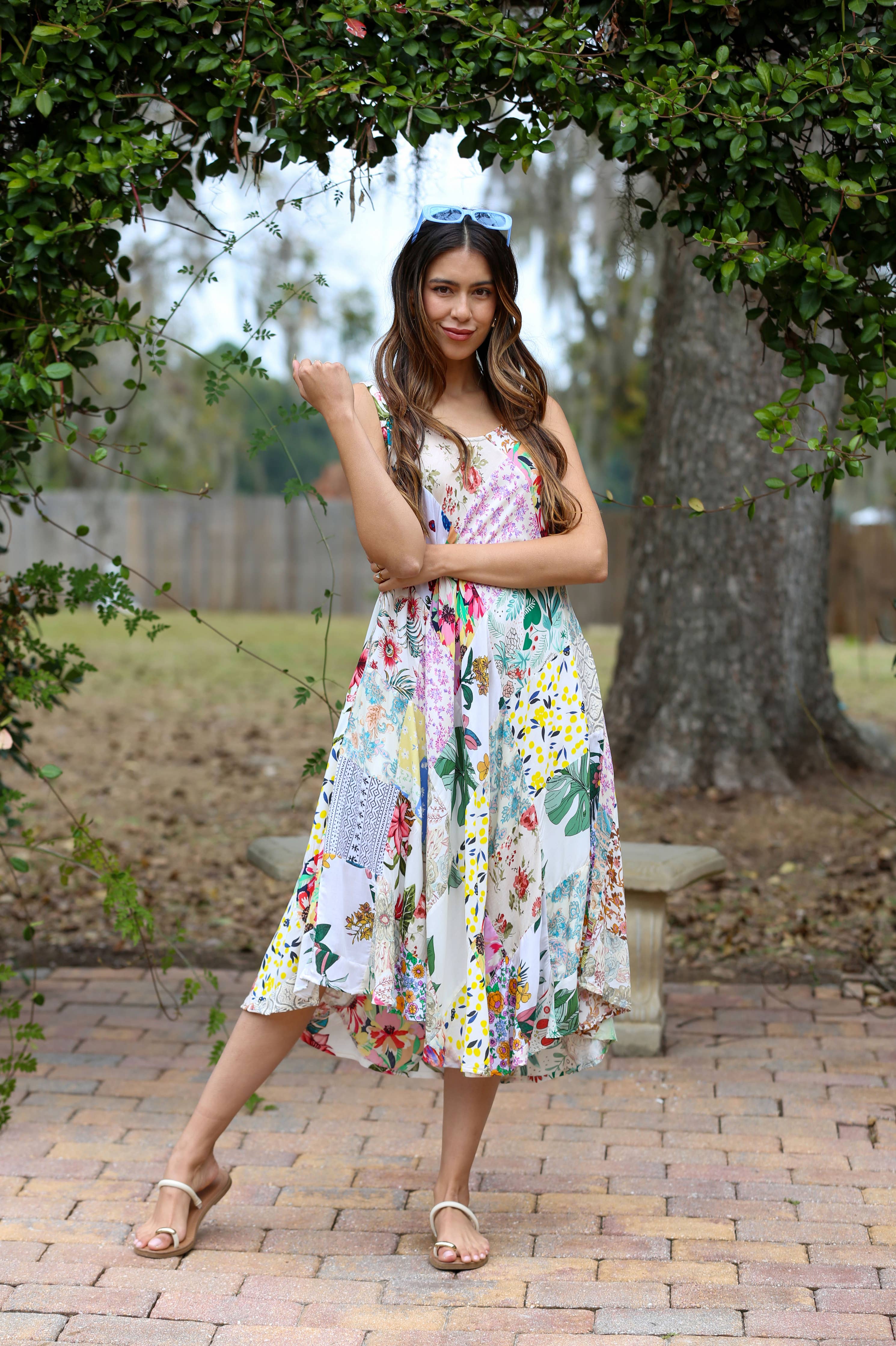 White Floral Umbrella Dress in Upcycled Patchwork