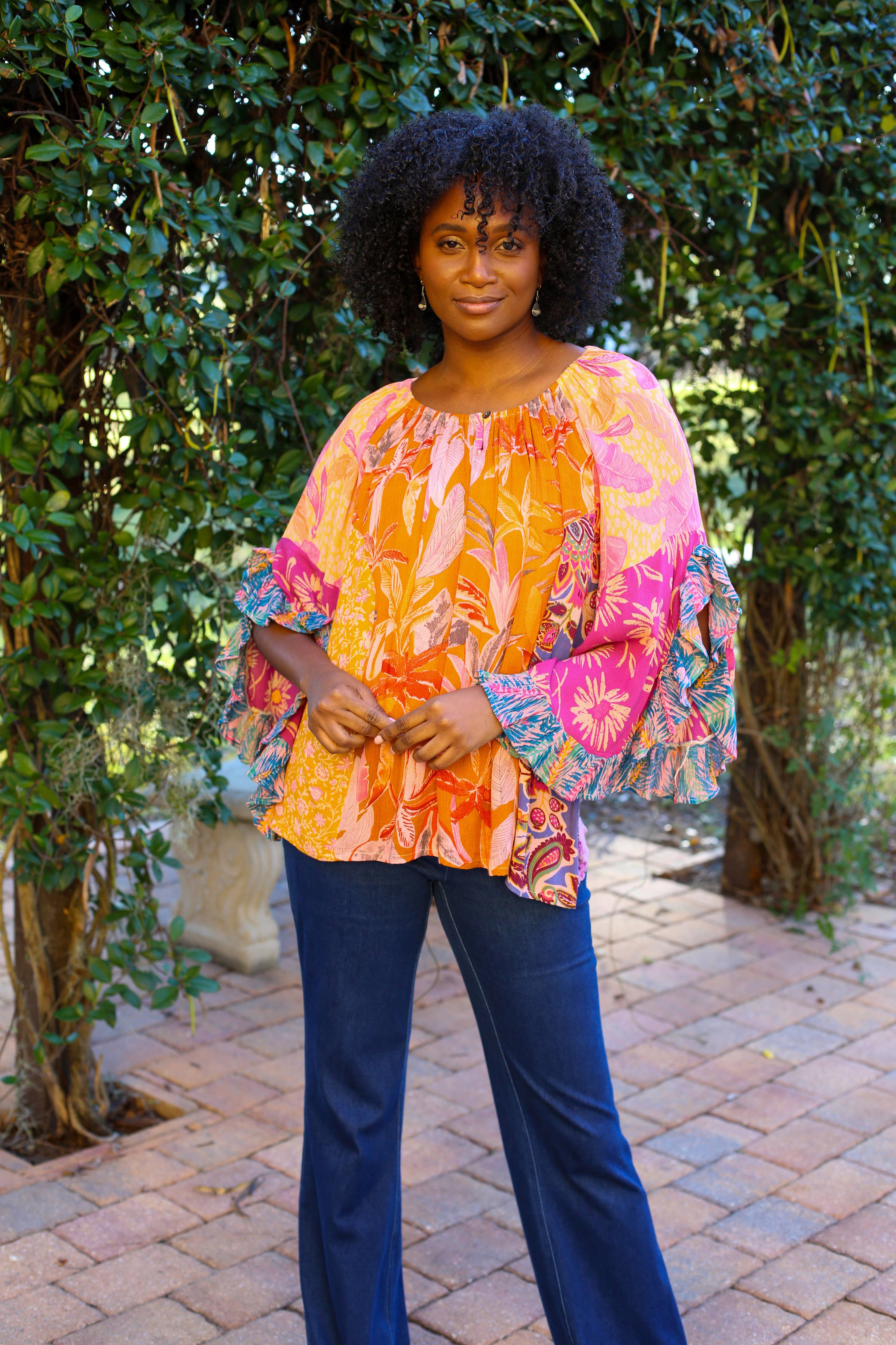 Flair Sleeve Floral Blouse: Rose Meadow Patchwork