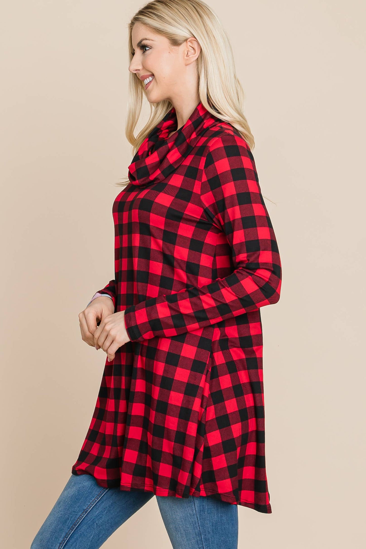 Red Check Cowl Neck Tunic