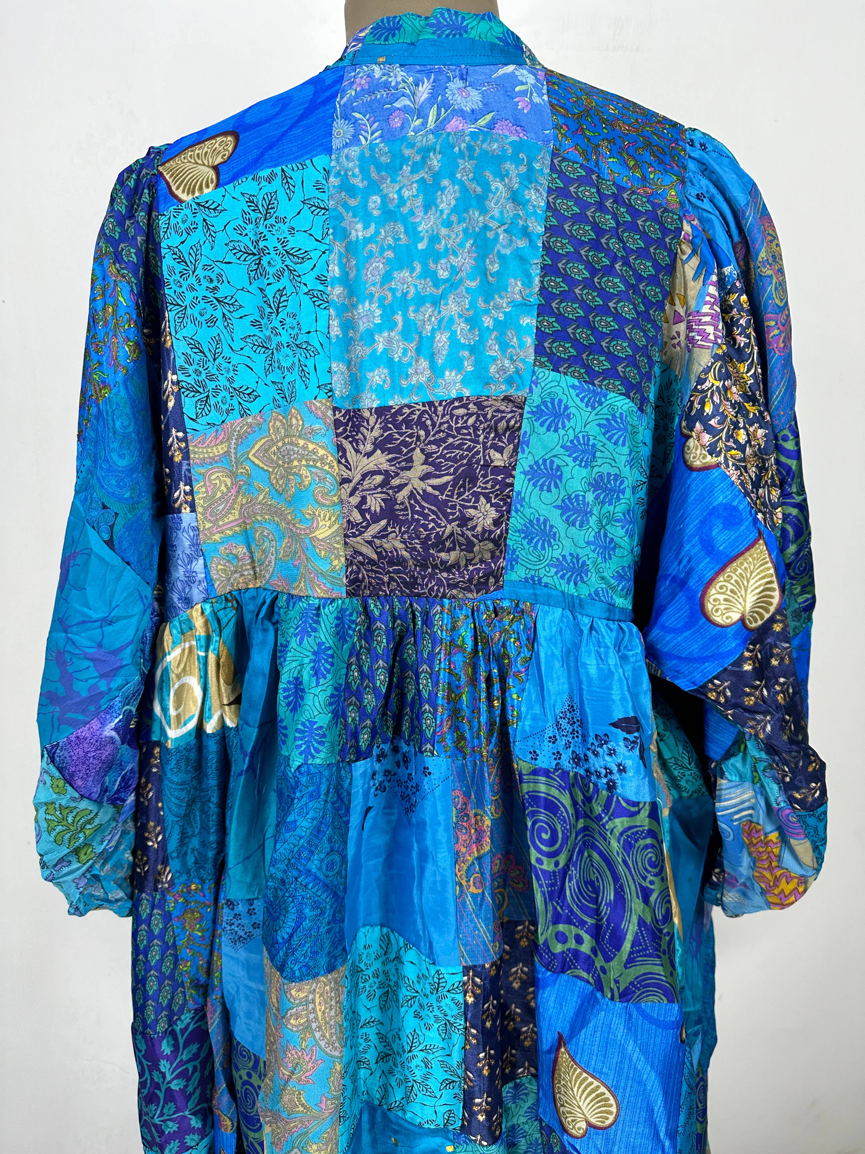 Hand Patchwork Dress - Blue Silk