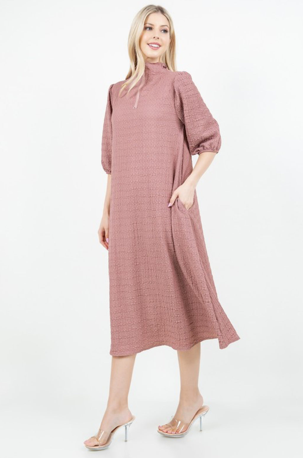 3/4 Zip A-Line MIDI Dress - Mauve