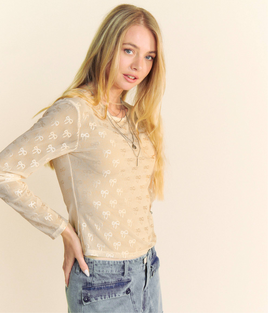RIBBON EMBROIDERED LONG SLEEVE MESH TOP - Cream