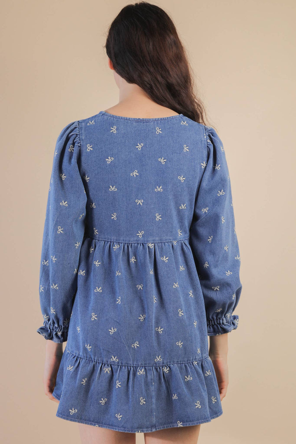 ND31898-Soft Washed Denim Printed Casual Mini Dress