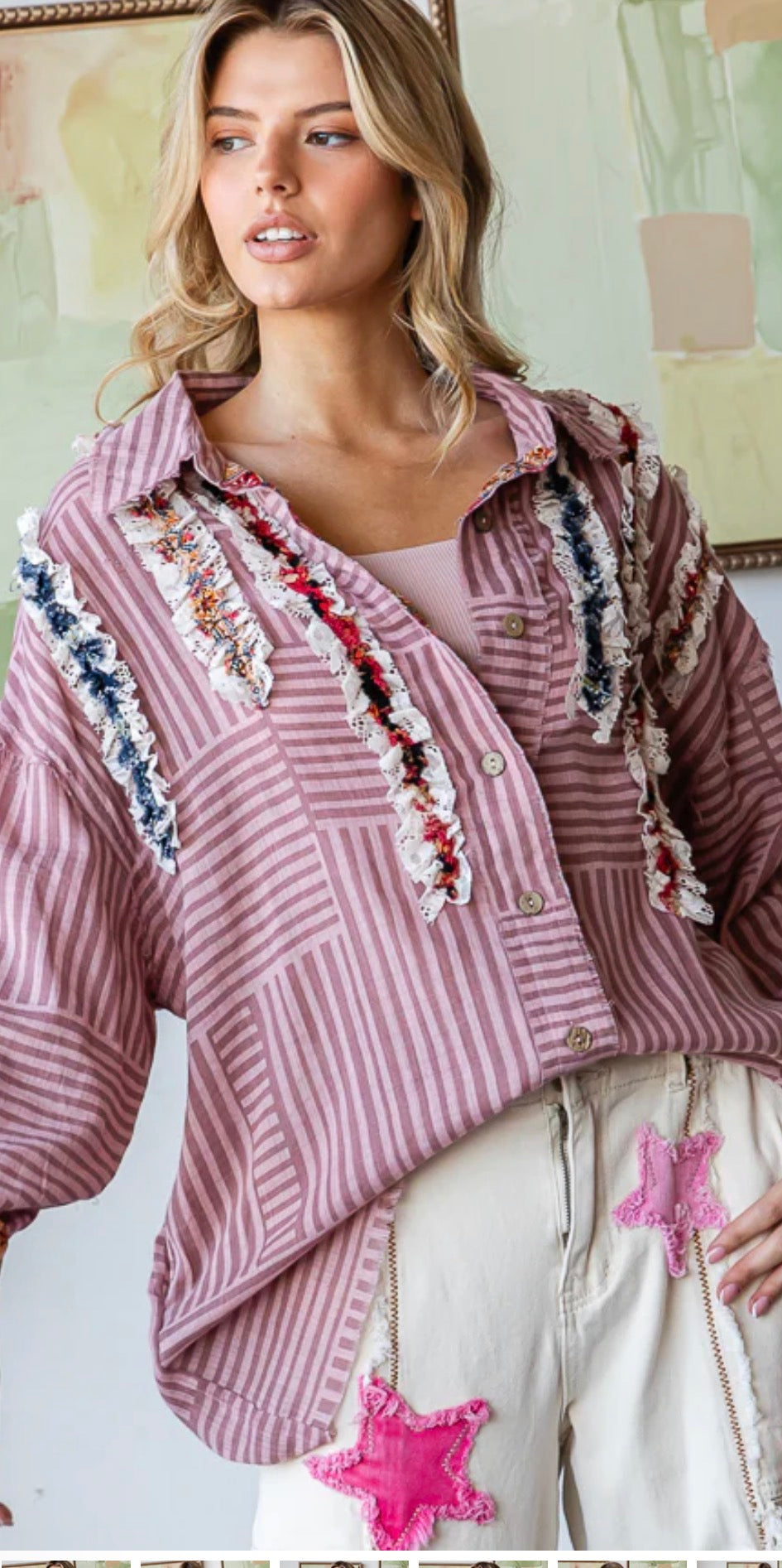 Ruffle Contrast Detail Striped Shirt