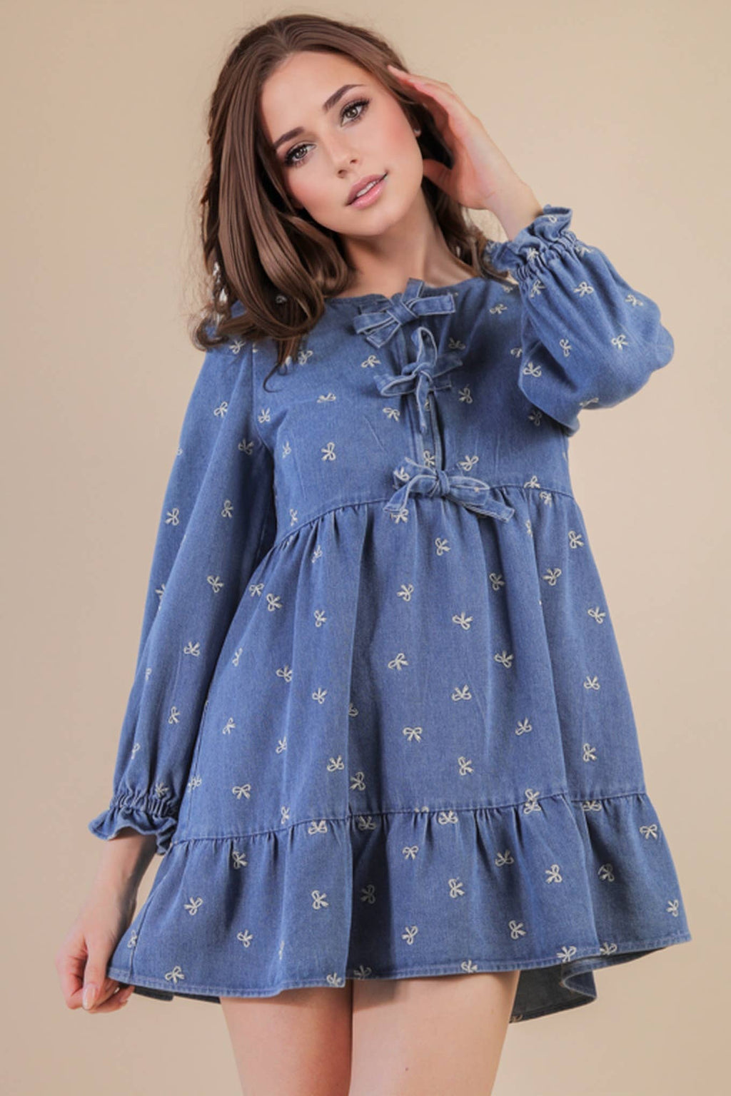 ND31898-Soft Washed Denim Printed Casual Mini Dress