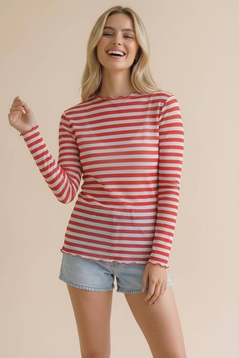 High Neck Line Long Sleeve Stripe Mesh Top