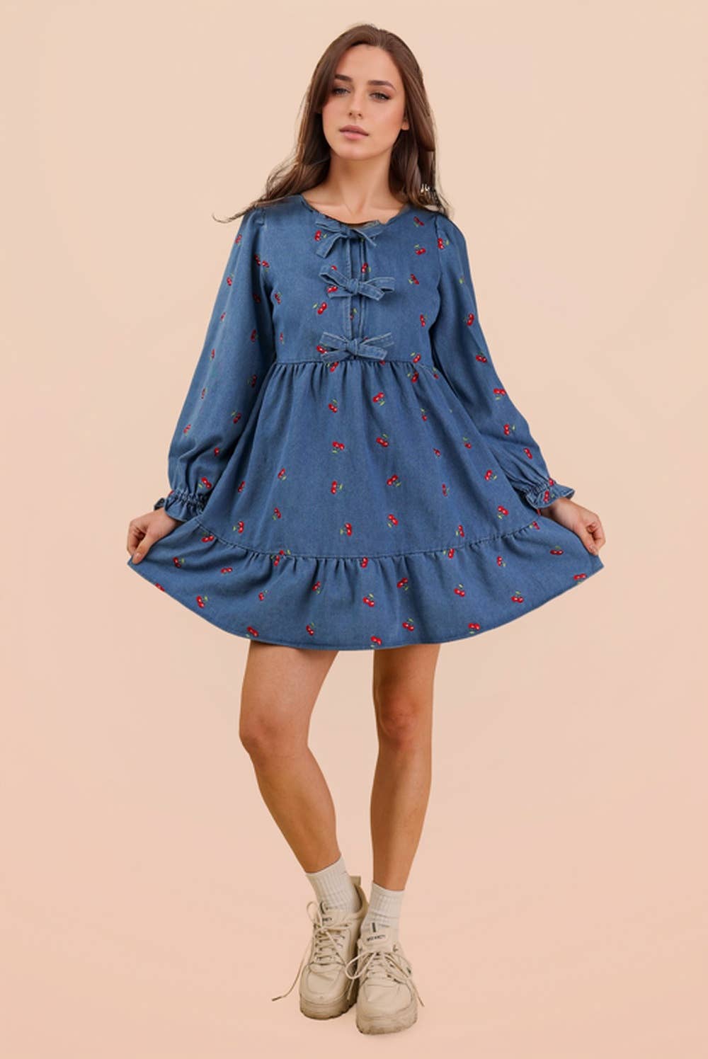 ND31898-Soft Washed Denim Printed Casual Mini Dress
