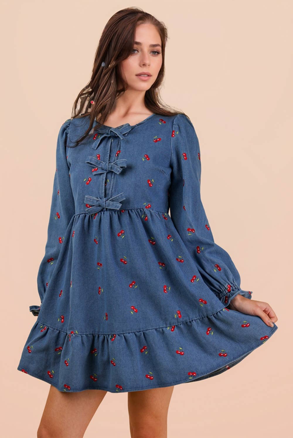 ND31898-Soft Washed Denim Printed Casual Mini Dress