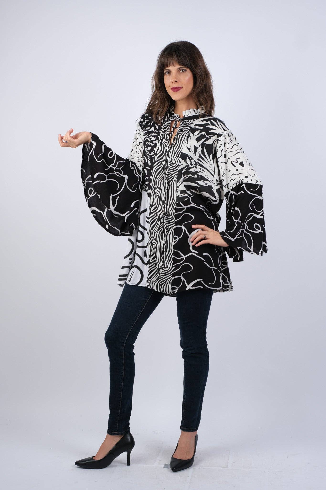 Black & White Aura Chic Tunic with Bell Sleeves