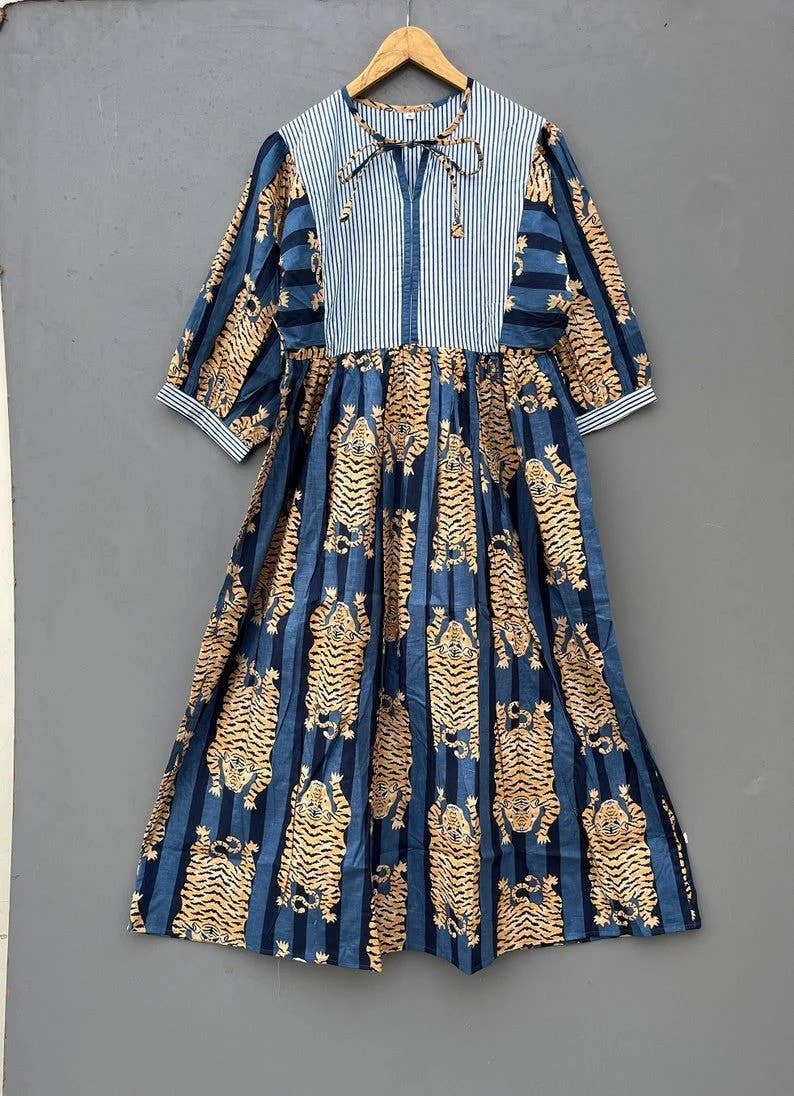 Stripes Tiger Print Dress, Long Block Print Dress