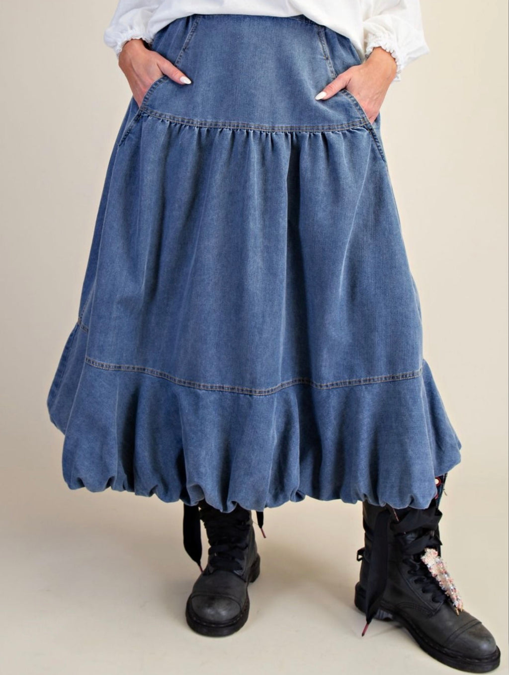Bubble Hem Washed Denim Skirt