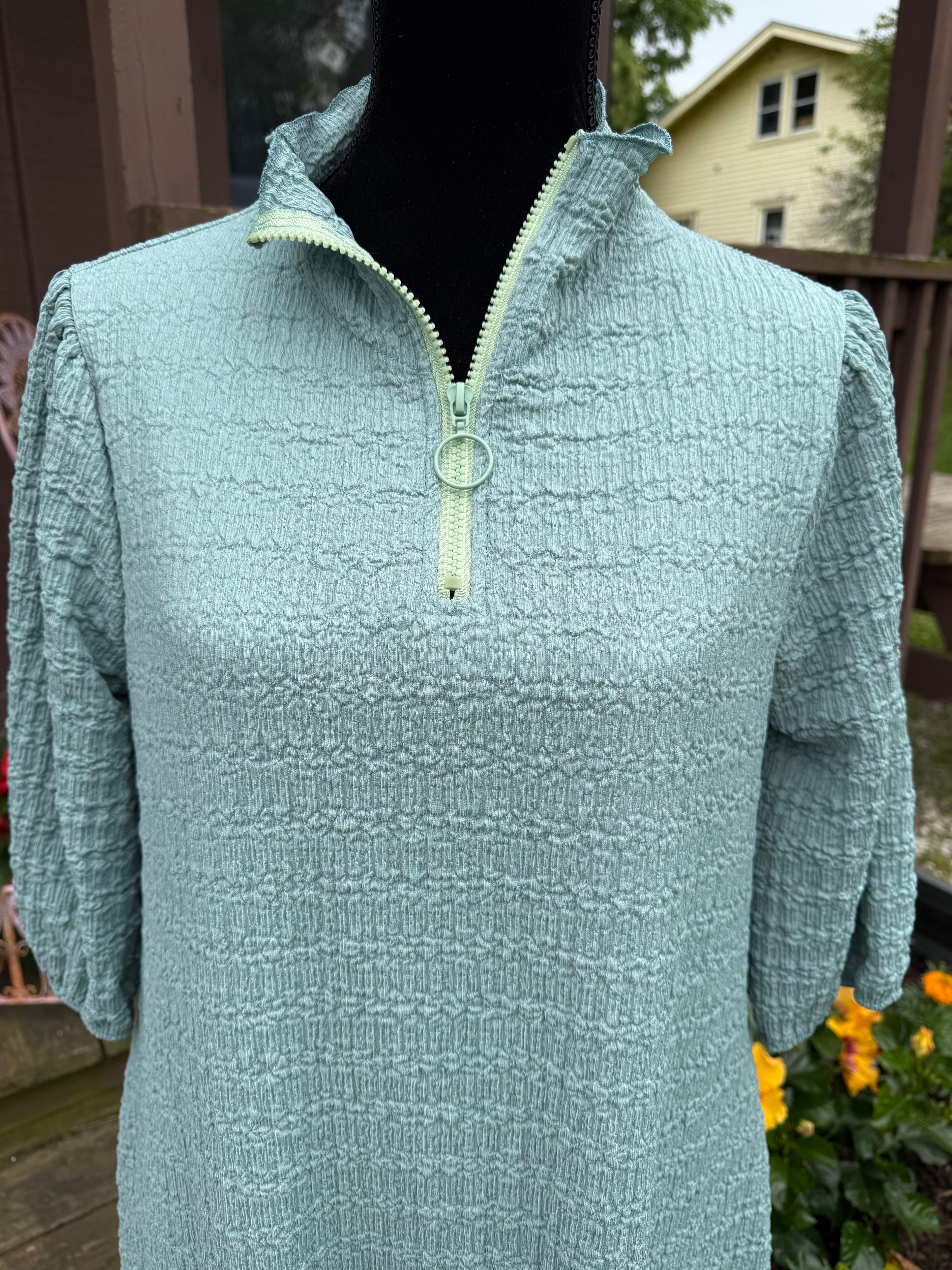 3/4 Zip A-Line MIDI Dress - Sage