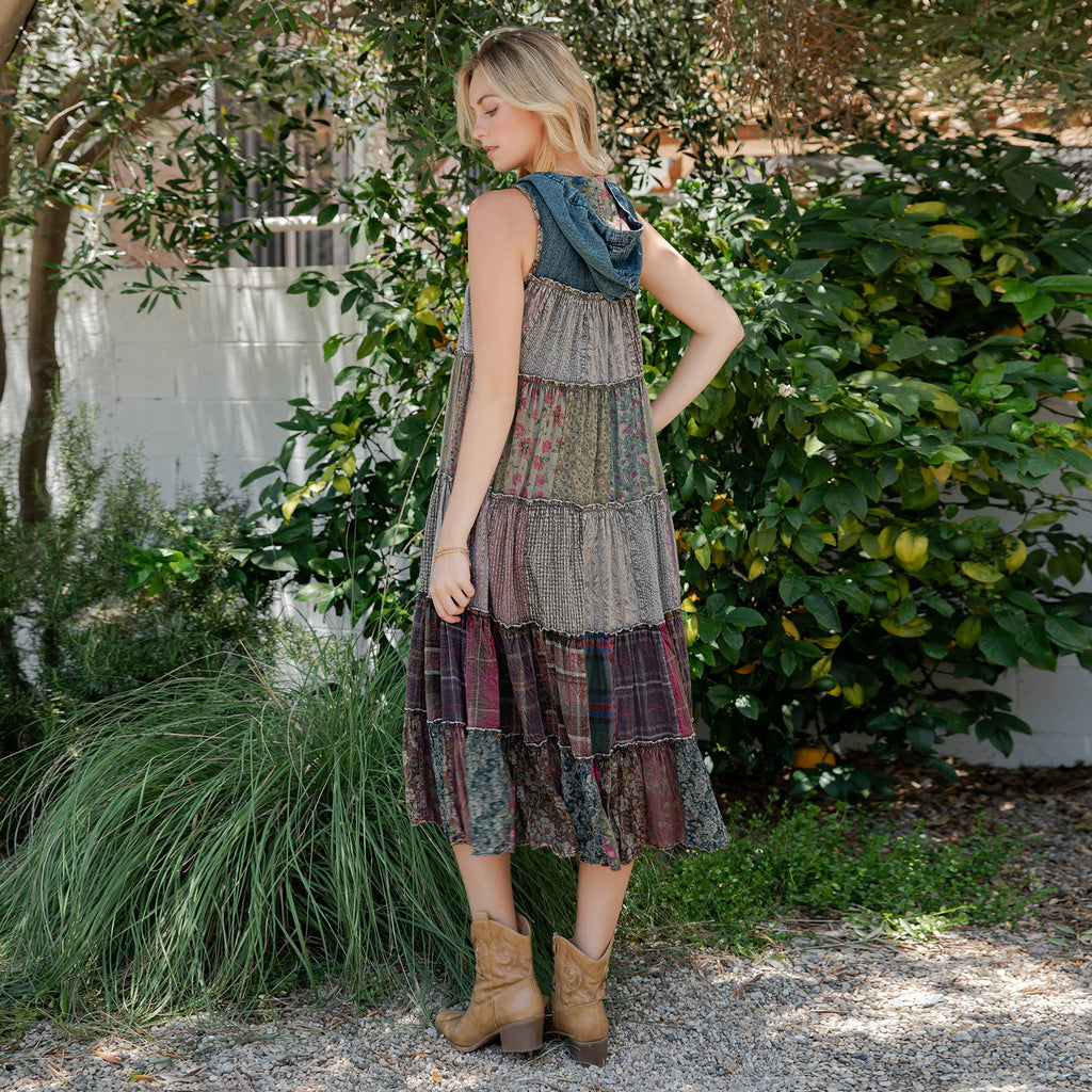 Boho Patchwork Sleeveless Maxi Duster With Hoodie NEW