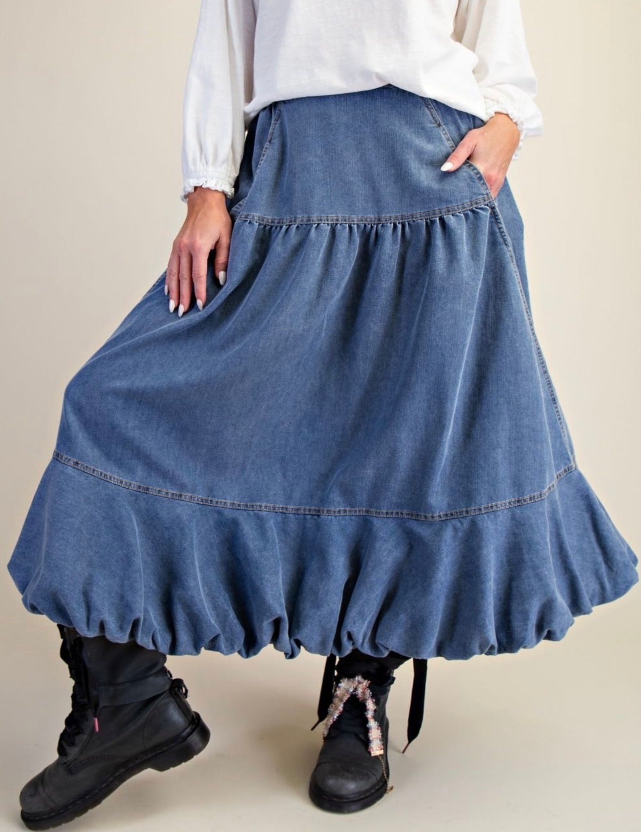 Bubble Hem Washed Denim Skirt