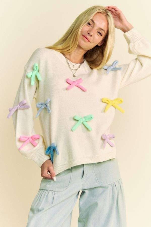 MULTI COLOR RIBBON BOW TIE LOOSE FIT KNIT SWEATER