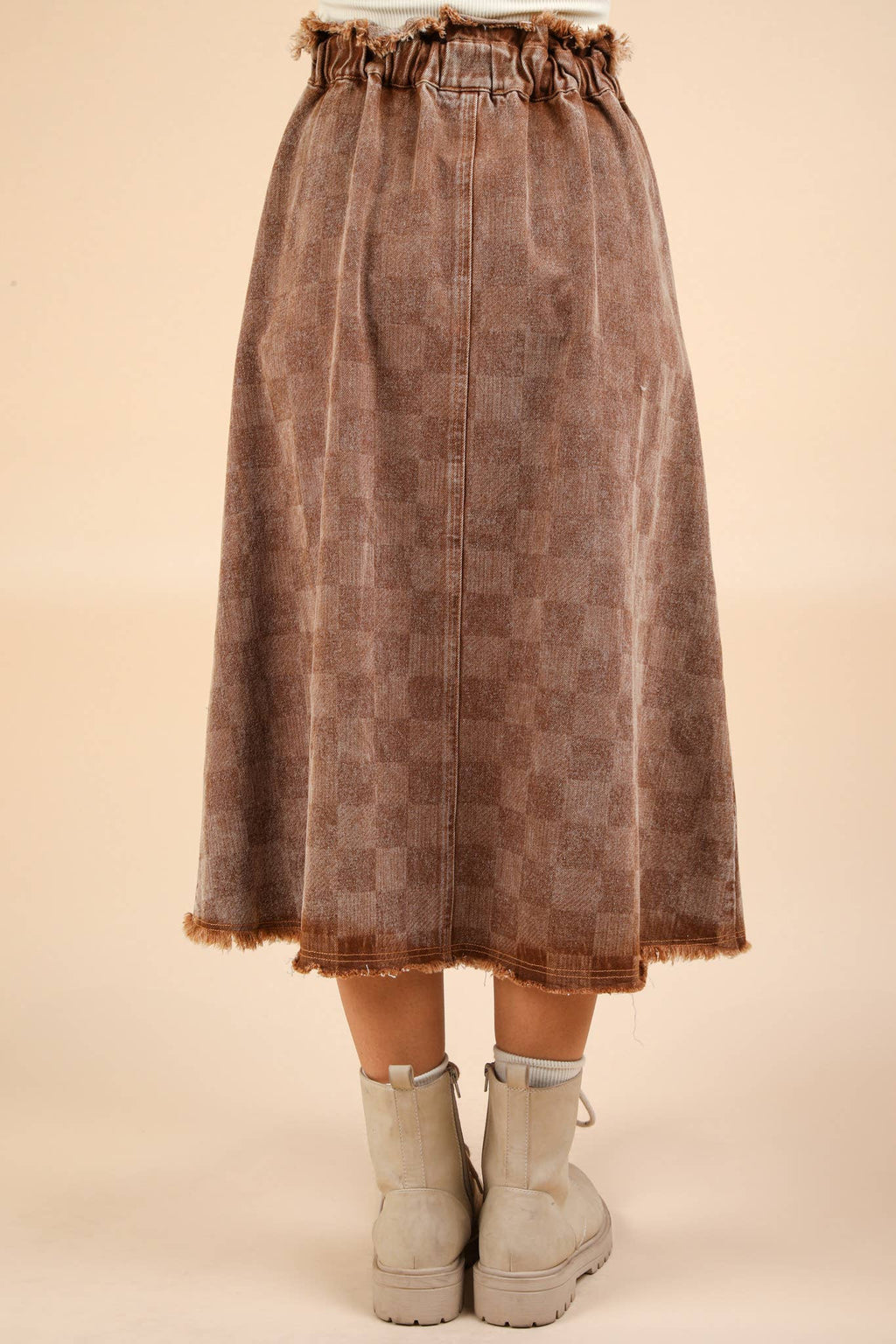 Washed Checkered Denim Midi Skirt