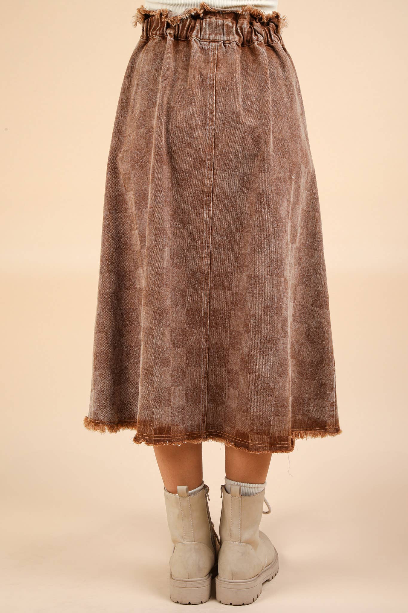 Washed Checkered Denim Midi Skirt