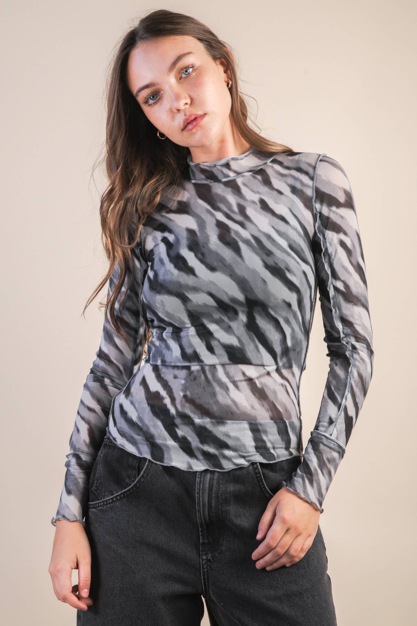 NT12256-Zebra Printed See Thru Fitted Lace Top