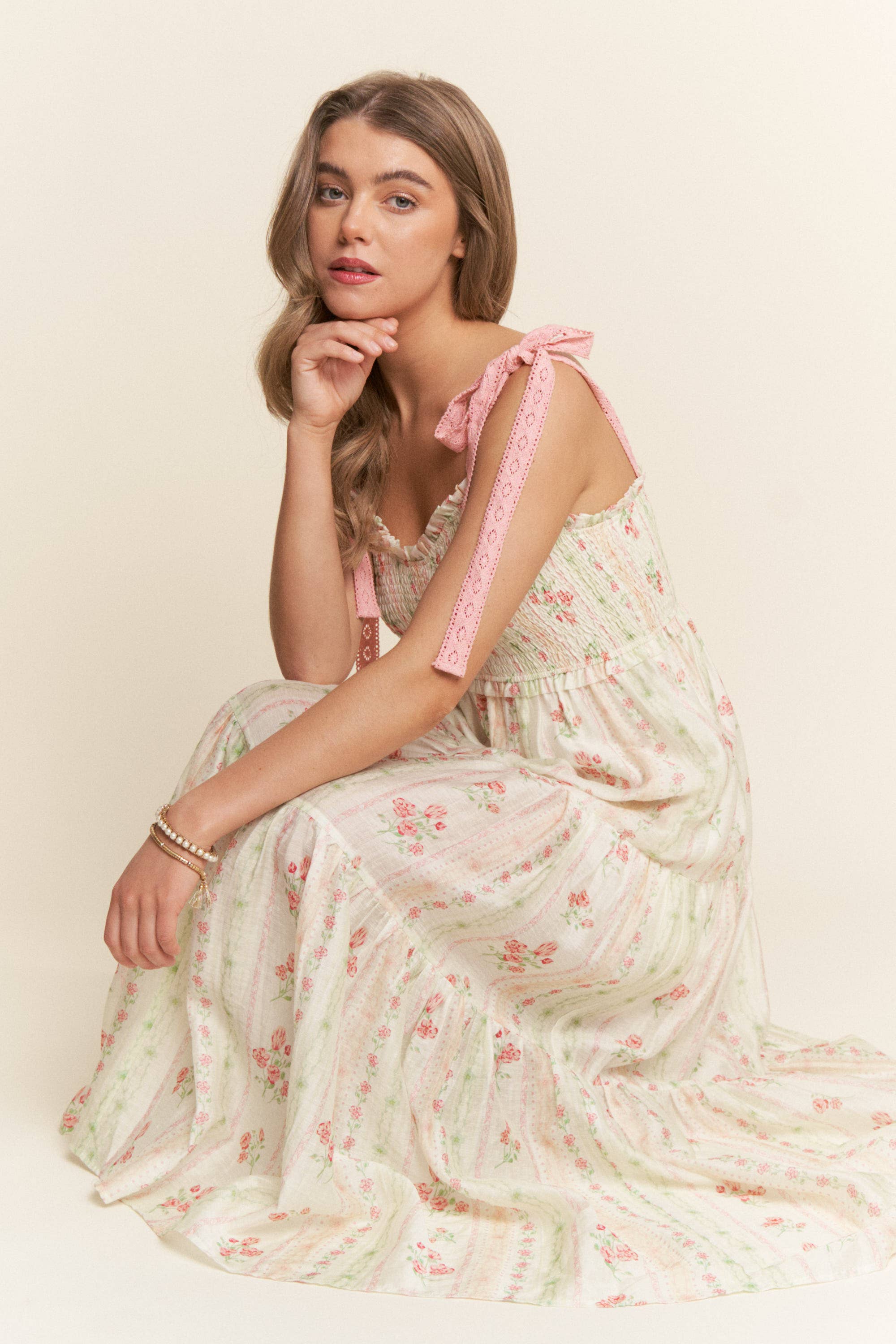 PINK FLORAL PRINTS AND LACE RIBBON STRAPS