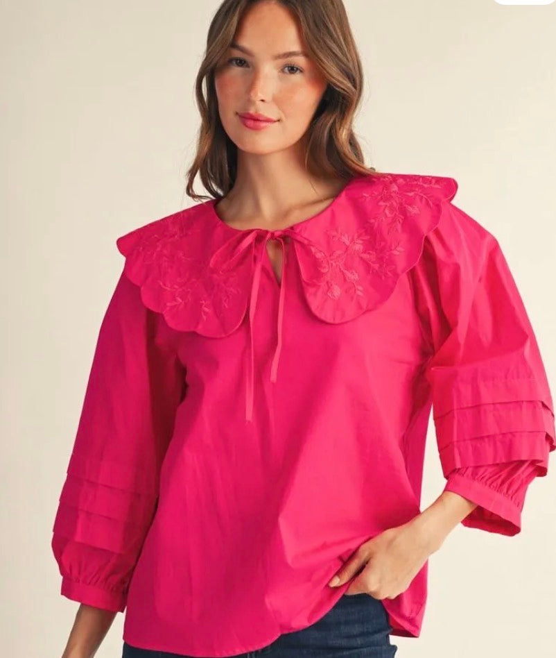 Peter Pan  Fuchsia Embroidered Top