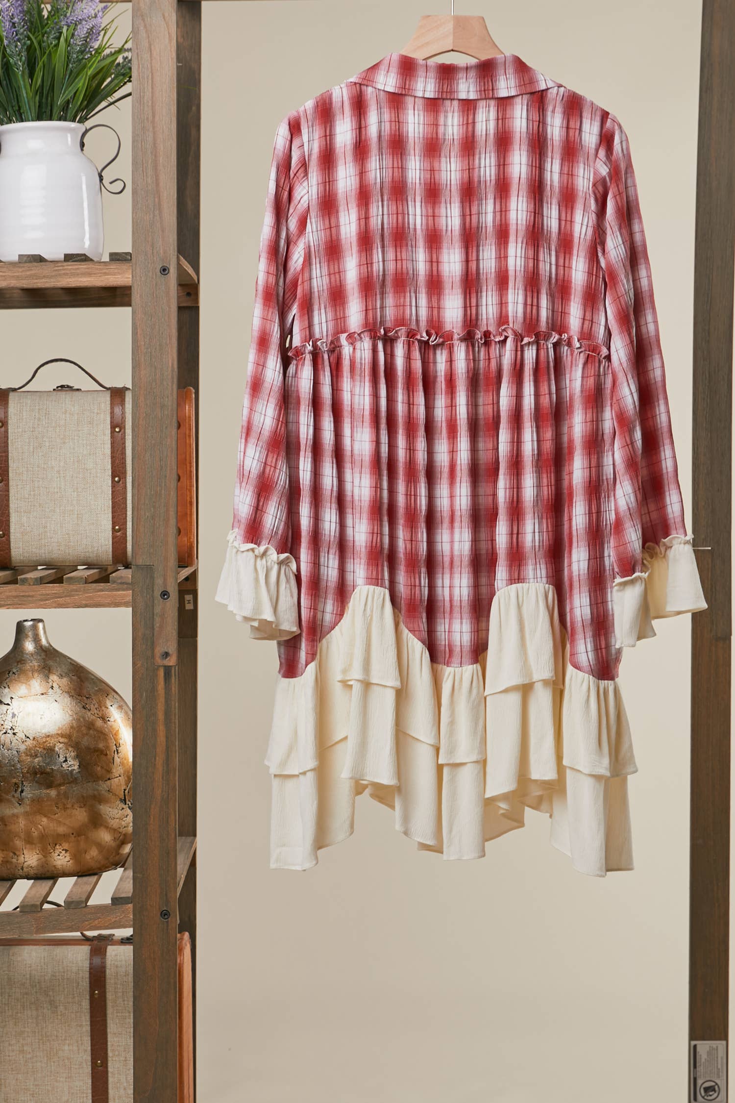 BOHO PLAID BUTTON-DOWN SHIRT DRESS WITH RUFFLED