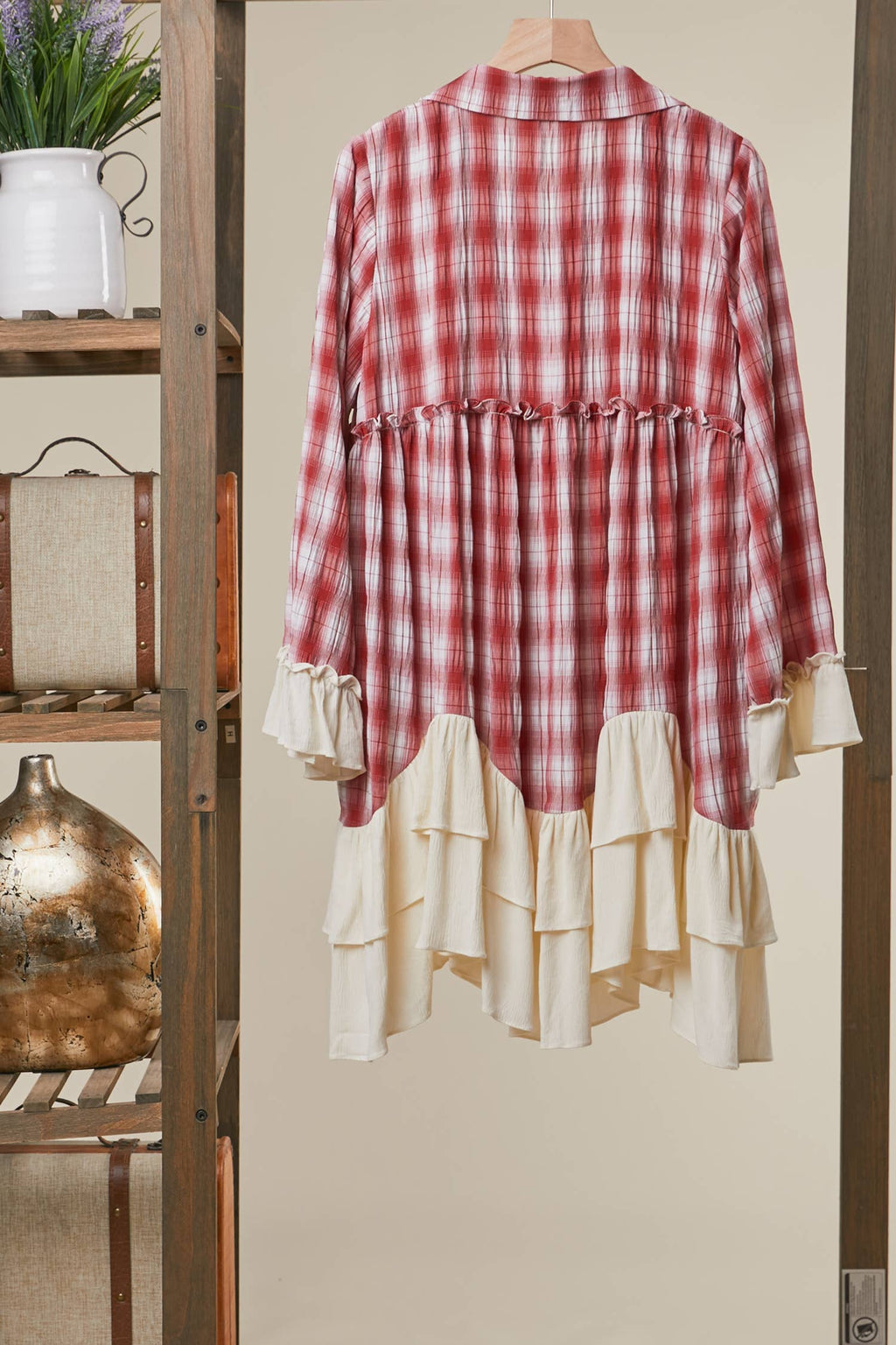 BOHO PLAID BUTTON-DOWN SHIRT DRESS WITH RUFFLED
