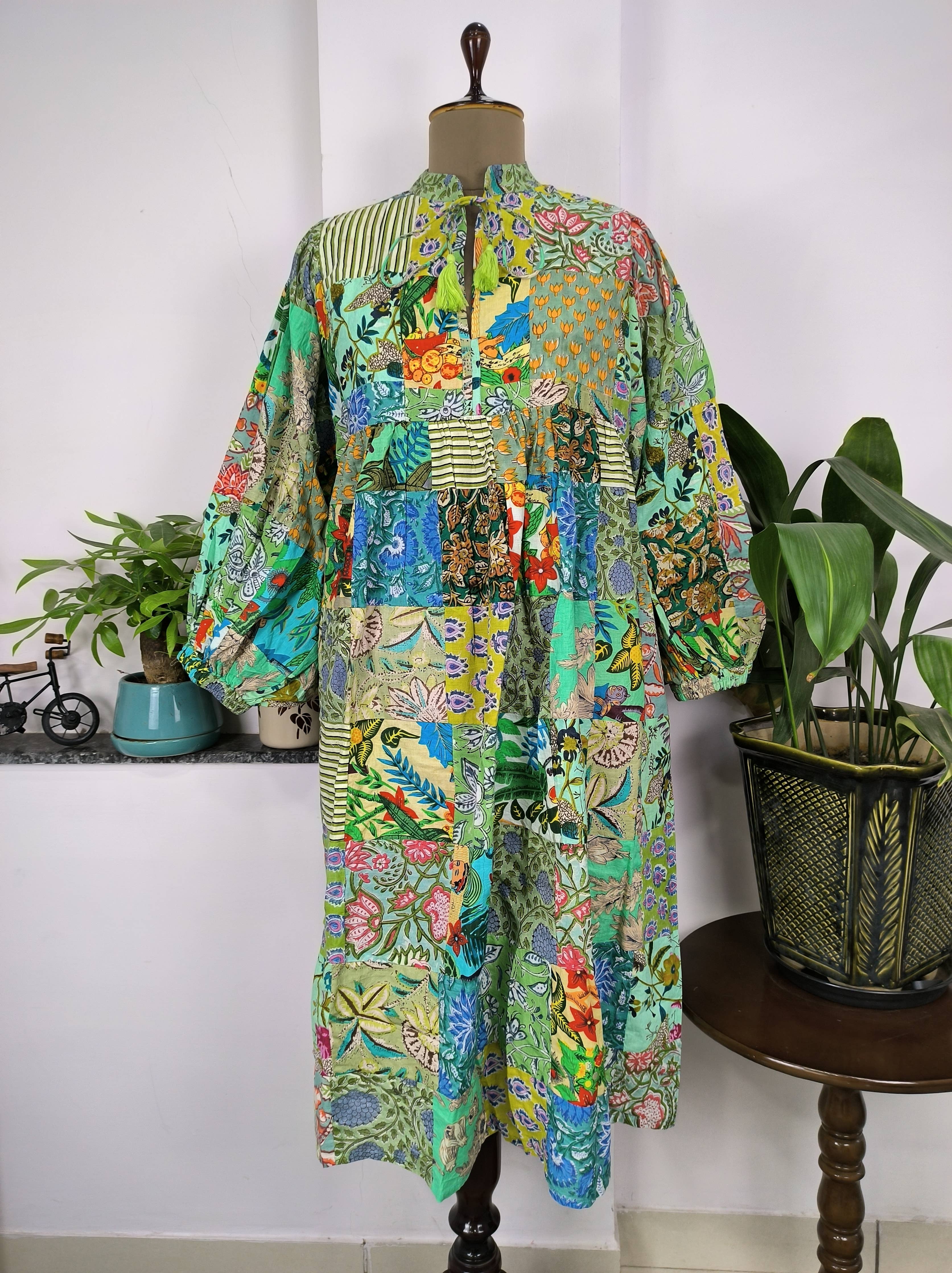 Hand Patchwork Dress - Green Cotton