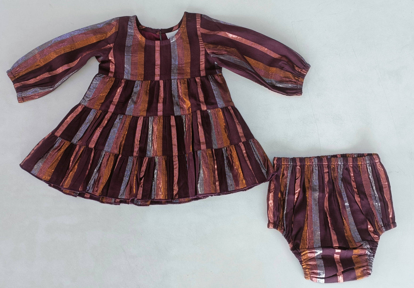 Burgundy Multi Lurex Tiered Long Sleeve Dress