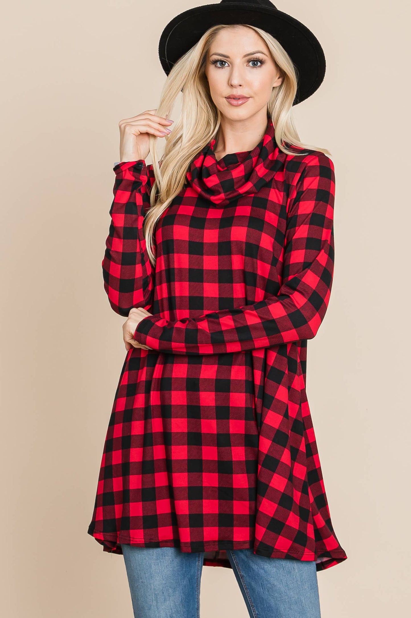 Red Check Cowl Neck Tunic