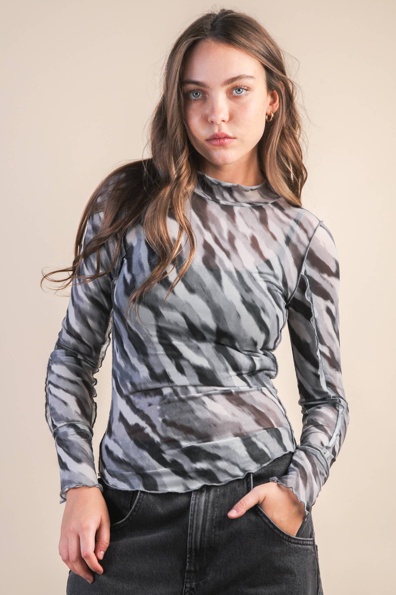 NT12256-Zebra Printed See Thru Fitted Lace Top