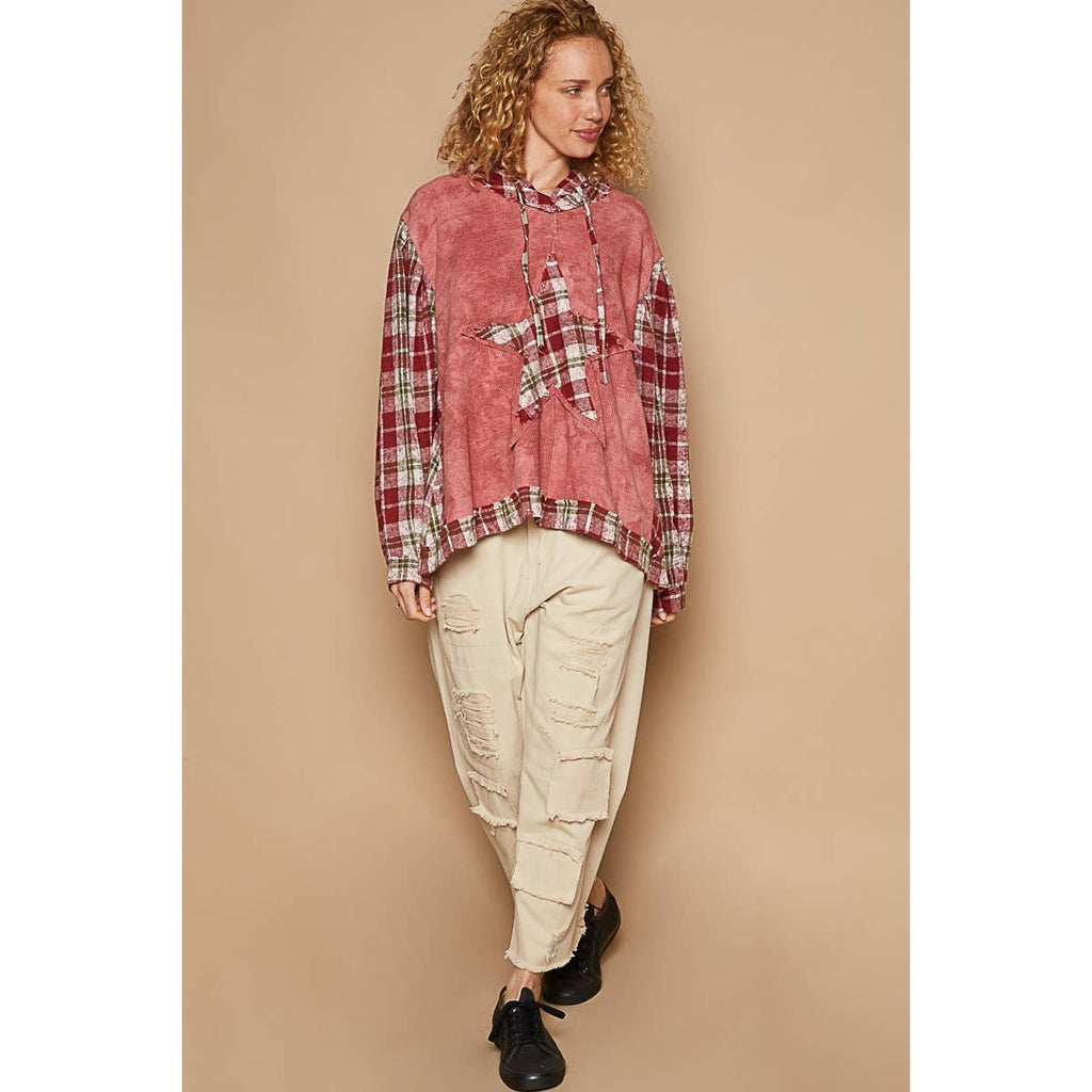 Tie dyed balloon plaid sleeve star patch top *Final Sale*