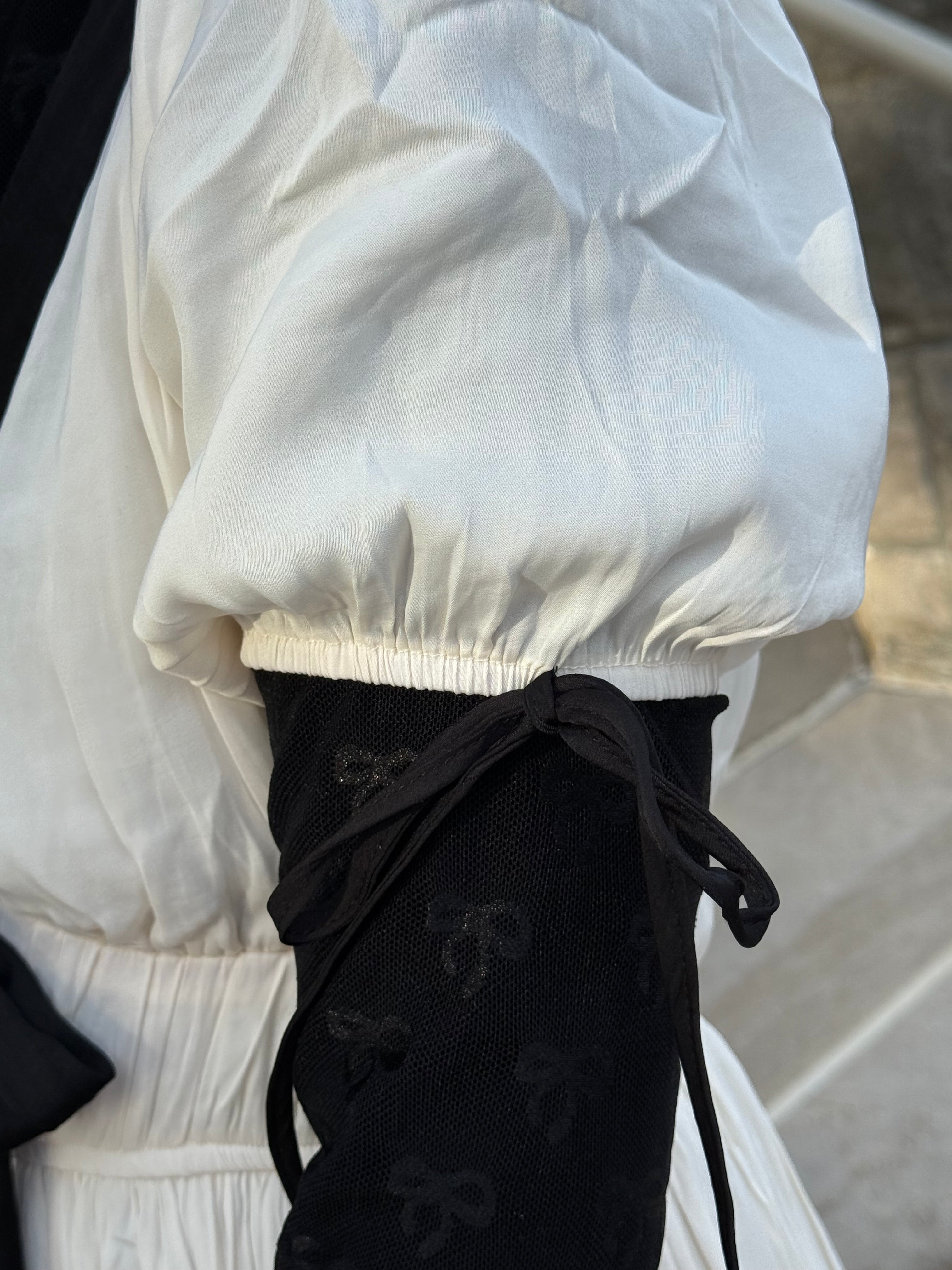 Contrast BOW CHARMEUSE PUFF SLEEVE DRESS