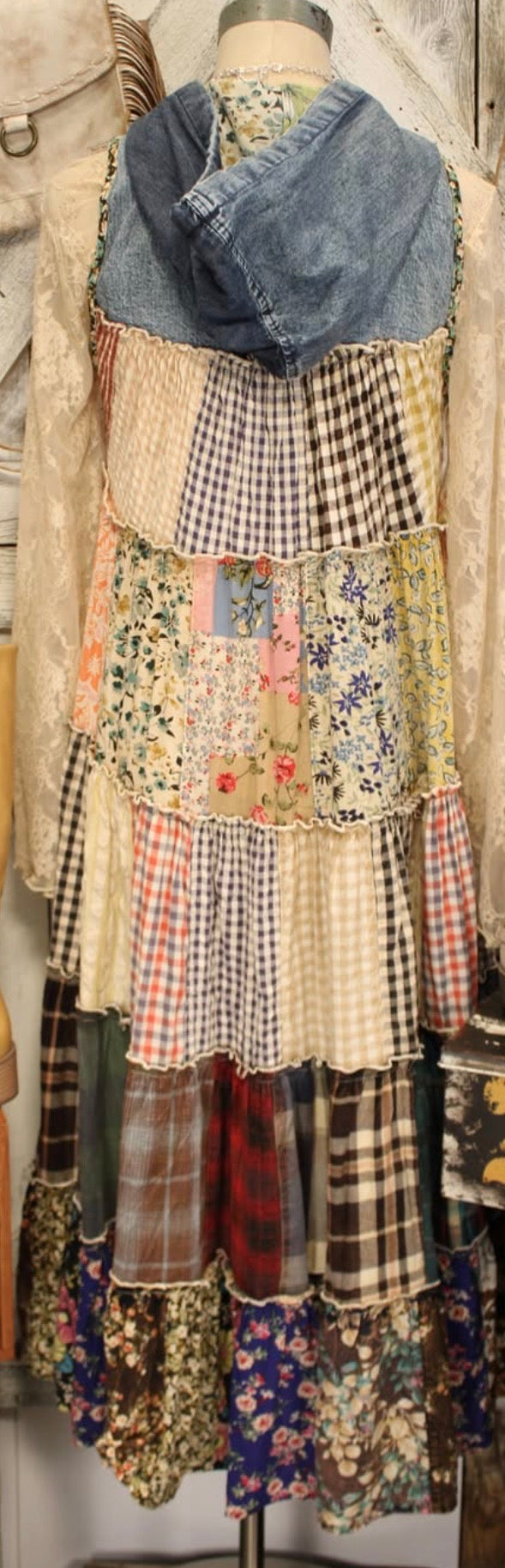 Boho Patchwork Sleeveless Maxi Duster With Hoodie NEW