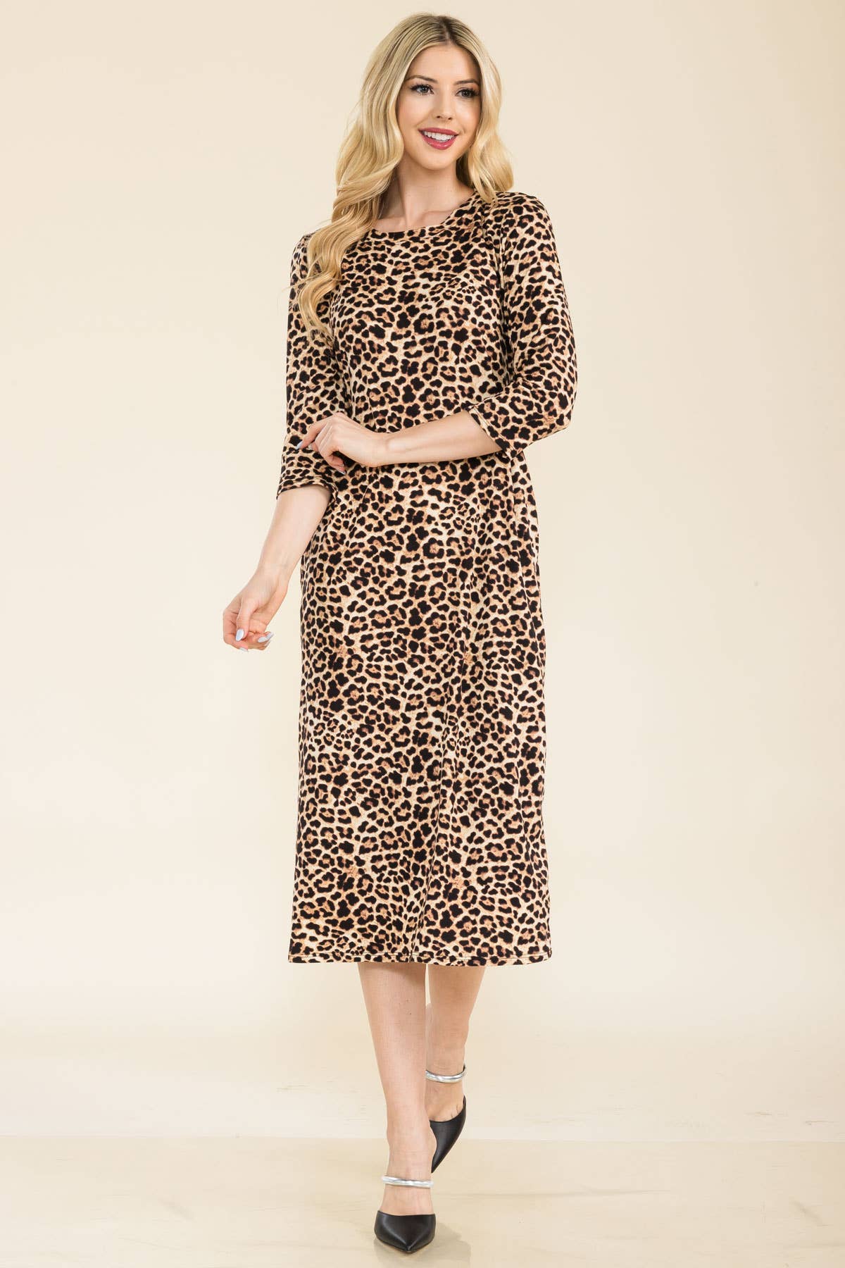 LEOPARD PRINT LAYERING DRESS WITH 3/4 SLEEVES