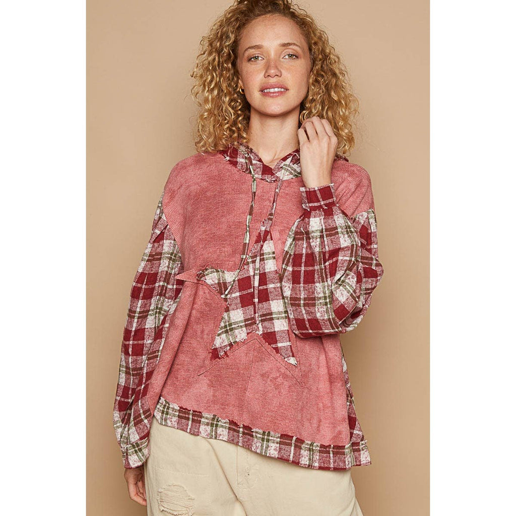 Tie dyed balloon plaid sleeve star patch top *Final Sale*