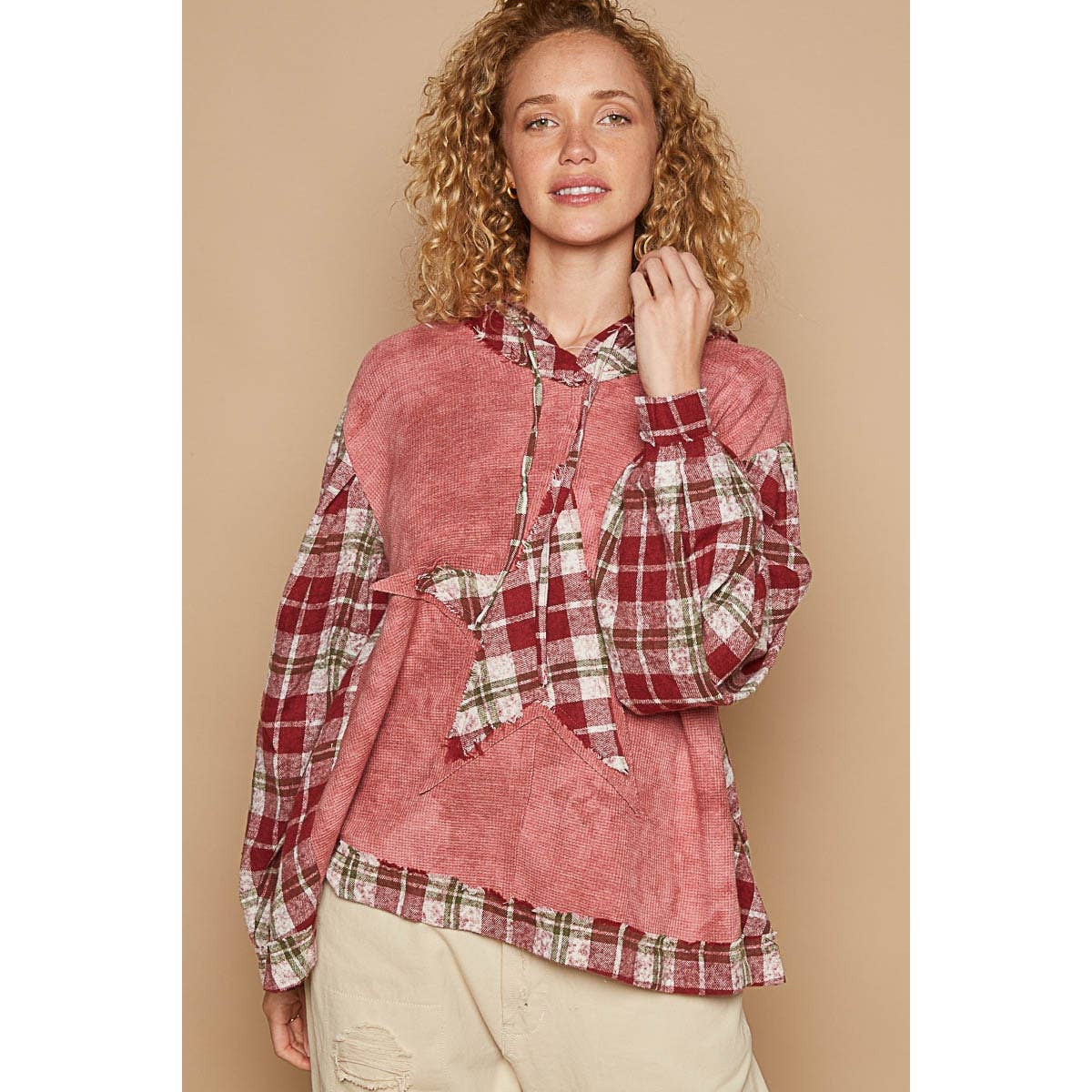 Tie dyed balloon plaid sleeve star patch top *Final Sale*