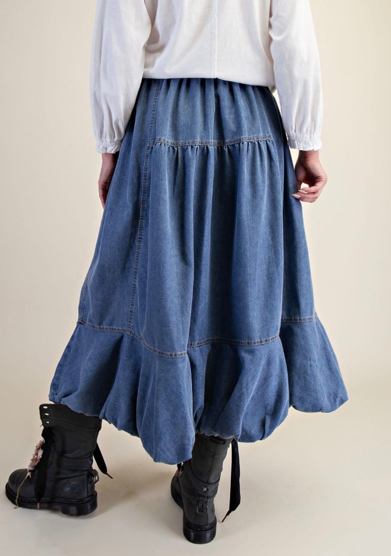 Bubble Hem Washed Denim Skirt