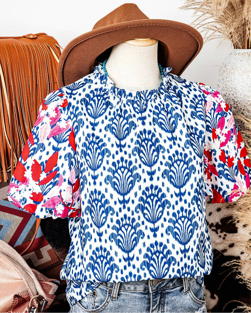Western Fashion Print Floral Puff Sleeve Frill Neck Blouse