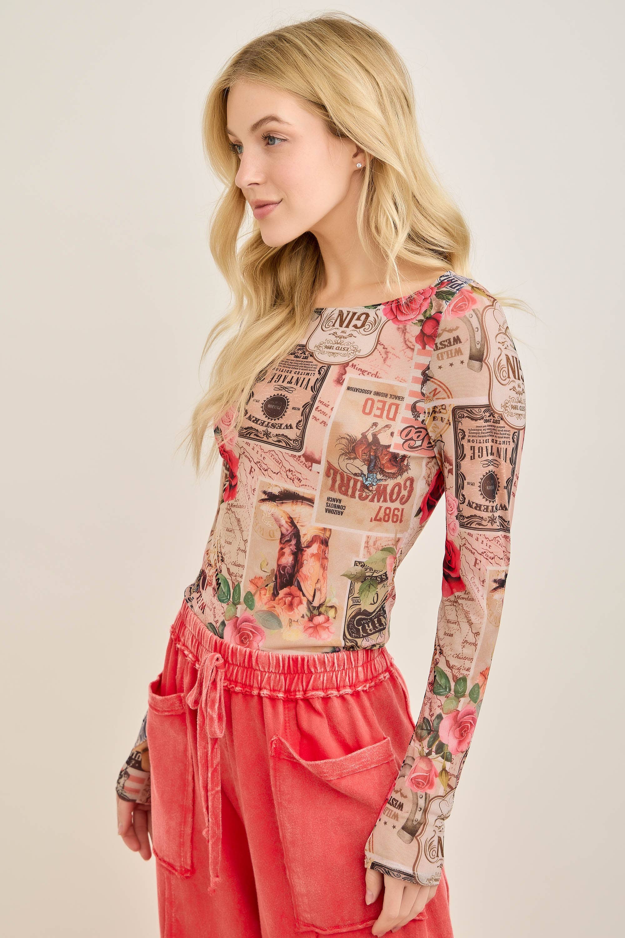 Vintage-inspired Collage Printed mesh layering top