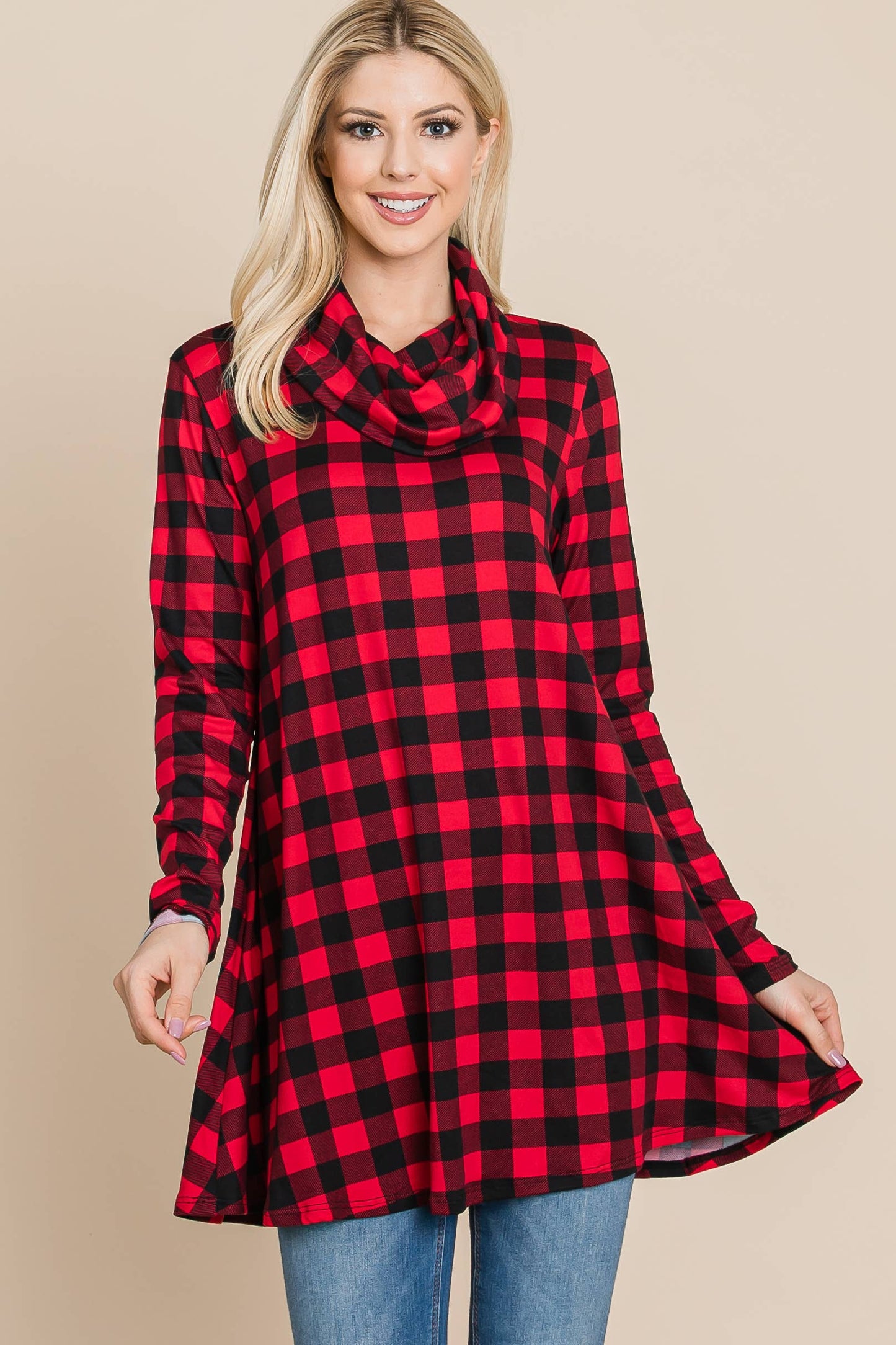 Red Check Cowl Neck Tunic