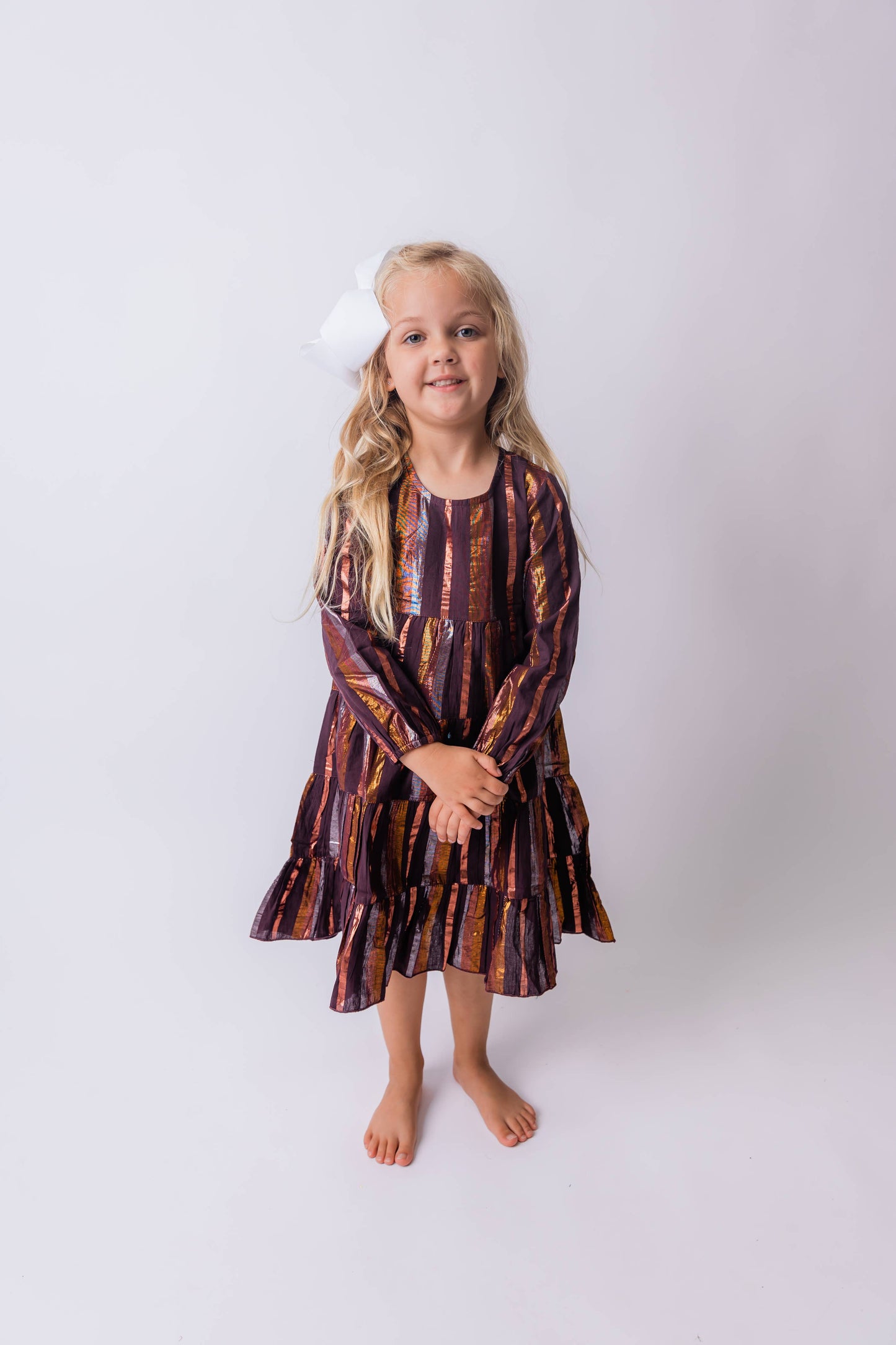 Burgundy Multi Lurex Tiered Long Sleeve Dress