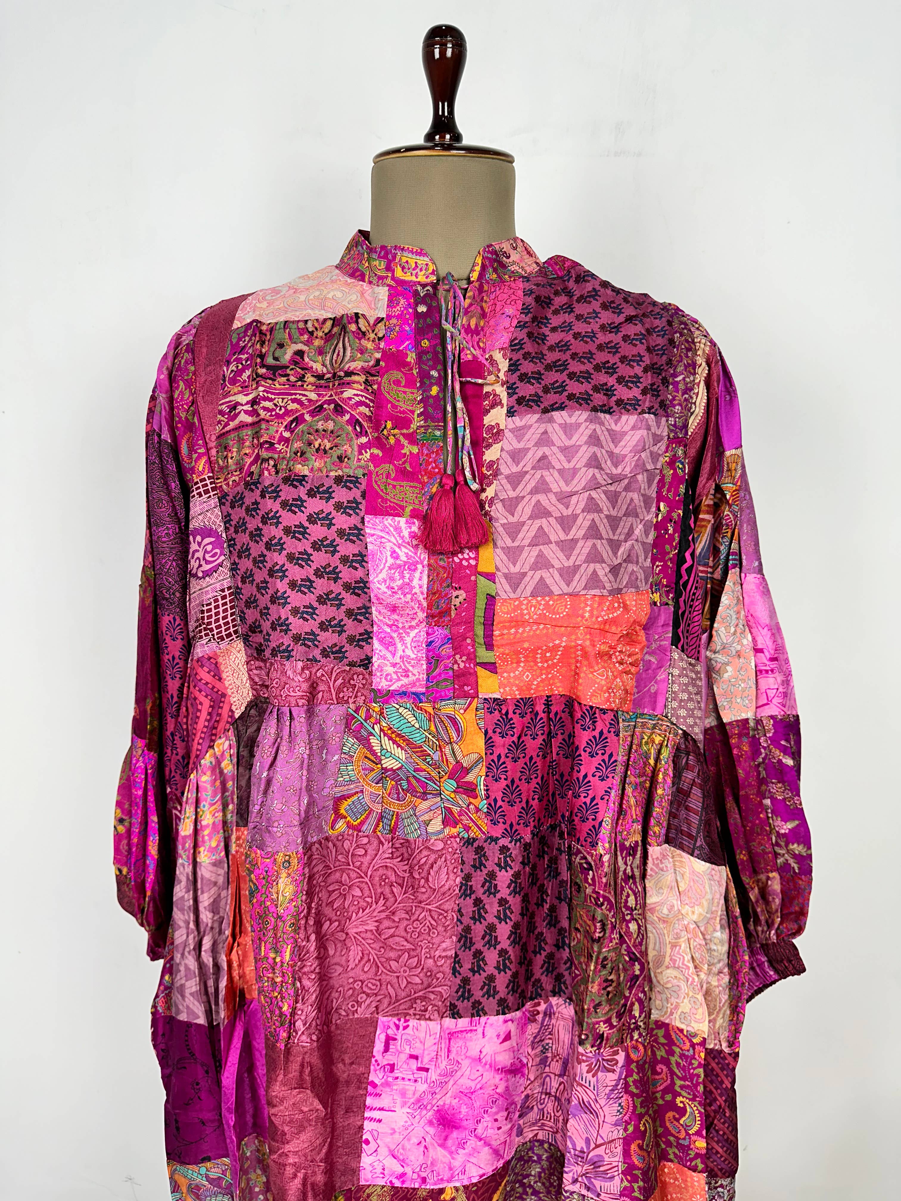 Hand Patchwork Dress - Pink Silk