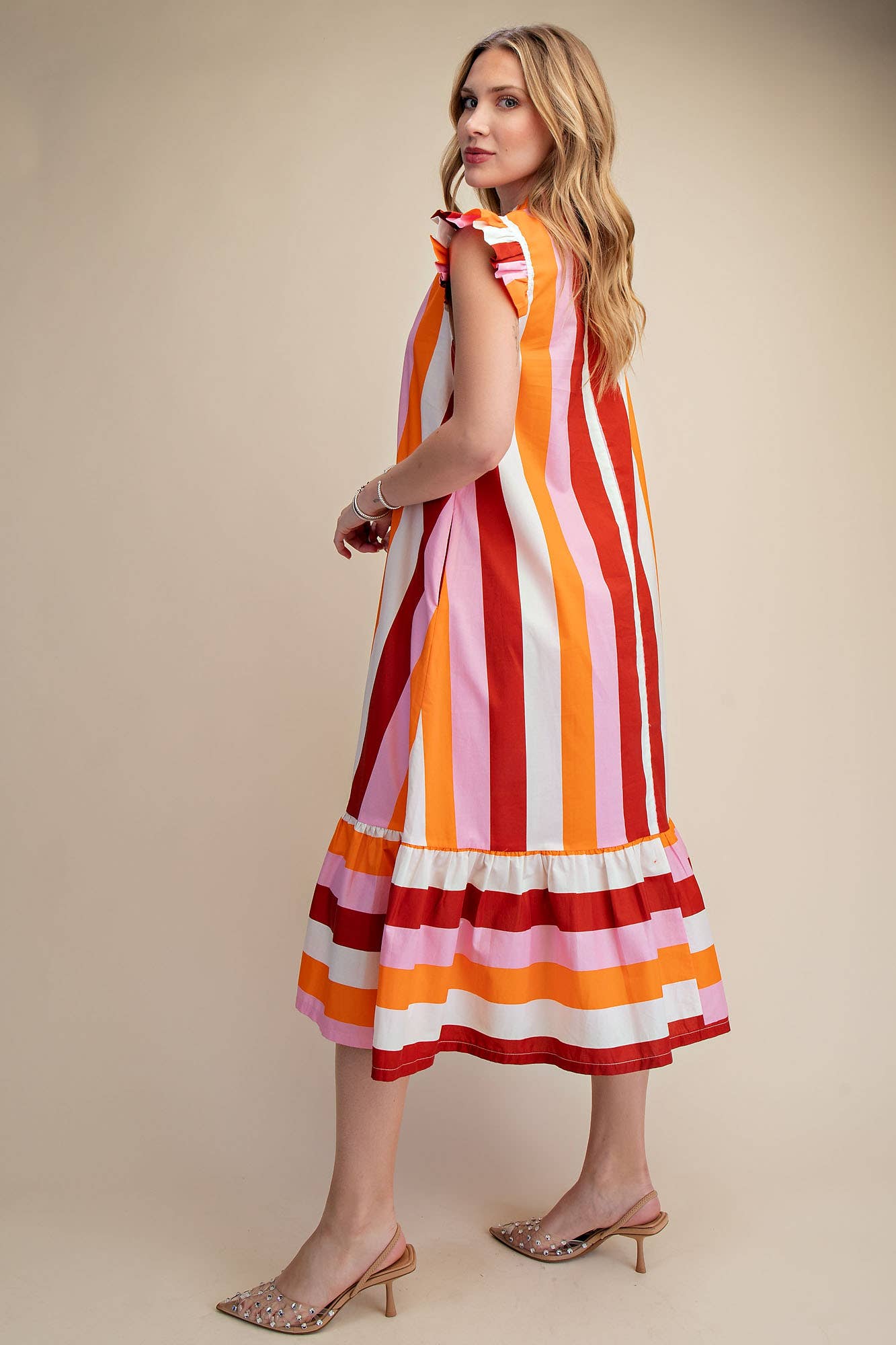 Ruffle Neck Sleeveless Flutter Stripe Midi Dress