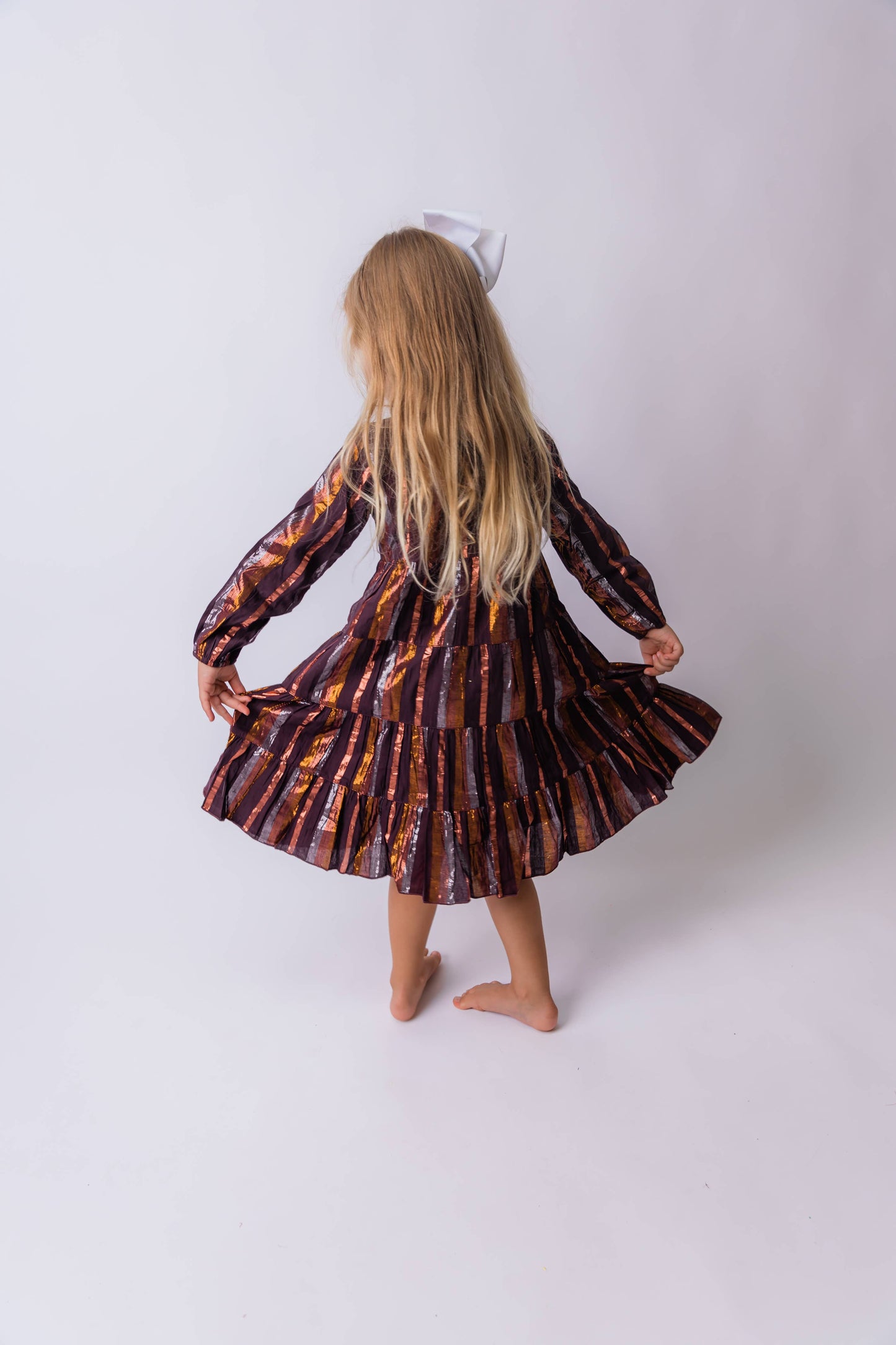 Burgundy Multi Lurex Tiered Long Sleeve Dress