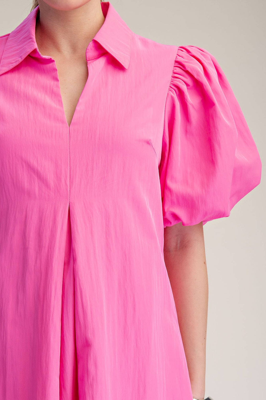 Collar V-Neck Puff Sleeve Pleated Midi Dress