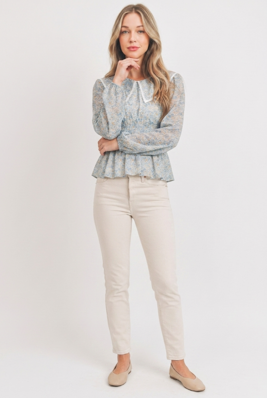C12513A Floral Print Blouse with Lace Collar
